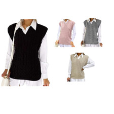 Ladies Cable Knit V Neck Sleeveless Vest Women's Knitted Jumper Tank Top Winter