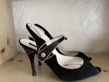 Sergio Rossi Suede Slingback Black Tan Pipping Snap Made in Italy 41