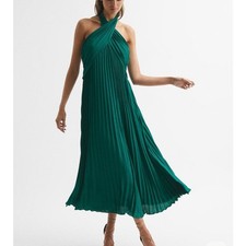 Reiss Roya Halter Neck Pleated Midi Dress Emerald Green Size 6 NWT Elegant Dress