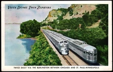 Postcard Vista Dome Zephers,Burlington Between Chicago & St. Paul-Minneapolis,MN
