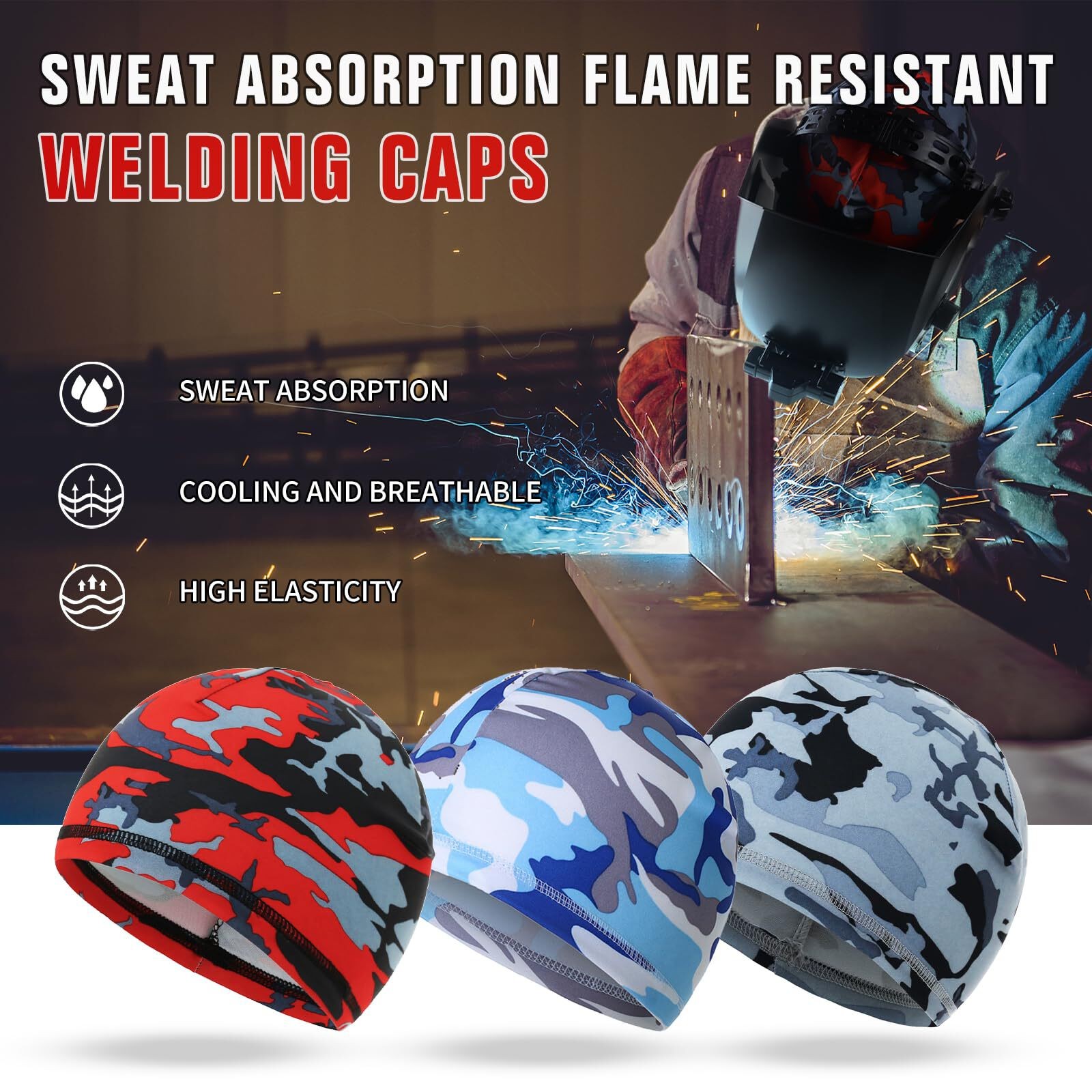 TRQWH 3 Pcs Camo Welding Cap, Breathable Cooling Helmet Liner for Men & Women