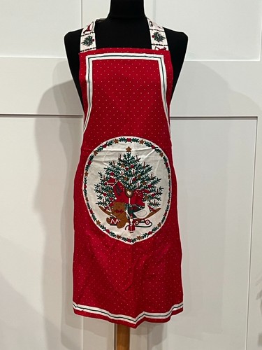 Vintage Red Christmas Tree Bear Country Goose Kitchen Apron Handmade - Picture 1 of 8