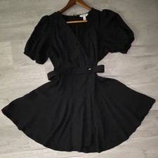 Nine West Black Fit & Flare Short Dress V-Neck Puff Sleeve Belted Zip Back L