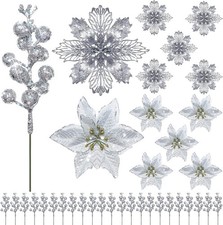 30Pcs 2 KINDS Poinsettia Flowers Christmas Picks  Xmas Glitter Berries Stems US