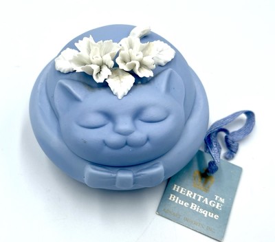 Heritage Blue Bisque Cat Trinket Box With Flowers Found Fat Kitty For Rings