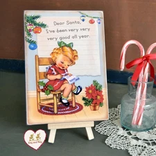 Girl writing a Letter to Santa reto Christmas plaque Vtg style home decor #PL-5