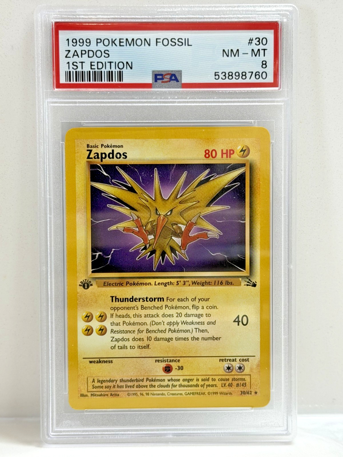 1999 Pokémon Fossil 1st Edition Zapdos  #30 – PSA 8 NM-MT – WotC Vintage