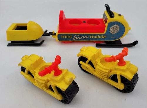 Vintage 1970s Fisher Price Little People Snowmobile Sled & 2 Motorcycles Lot