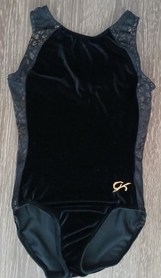 GK Elite Girls Gymnastics Leotard CM M Black Velvet Gold & Black Inserts