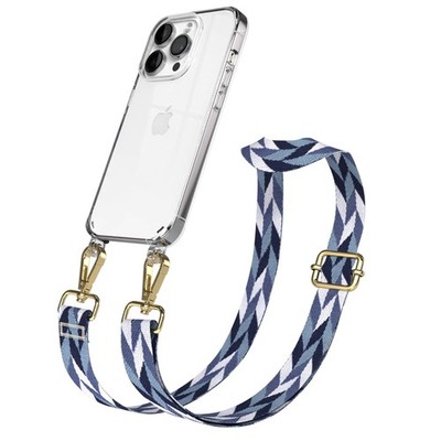 Silikon Handyhülle mit Band für Apple iPhone 14 Pro Case Kette Blau Mix - Gold