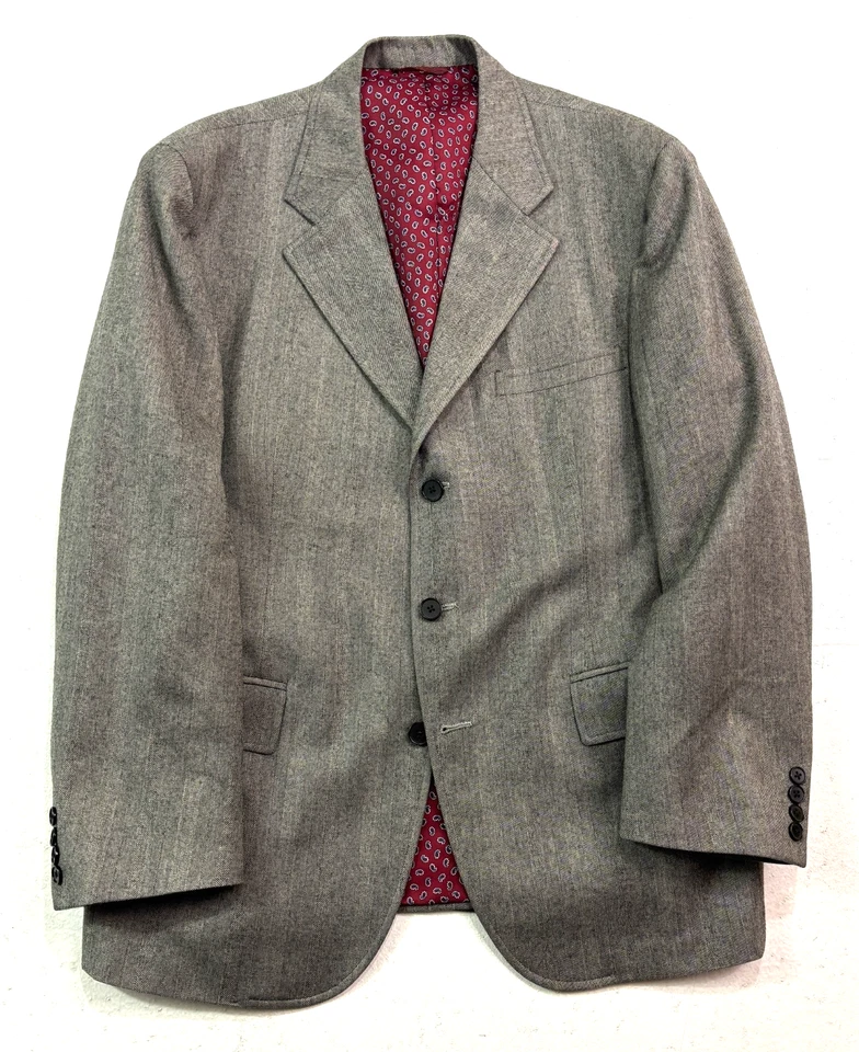 Terno calça vintage anos 90 sob medida 42R 34x30 2 peças cinza espinha de peixe lã de tweed macia EUA - Imagem 2 de 4