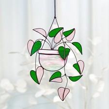 Pink Philodendron Heart Leaf Acrylic Suncatcher, Boho Plant Window Decor