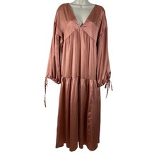 ASOS Design Women Dusty Pink Satin Tiered Smock Maxi Dress V-Neck Size 8 UK 12