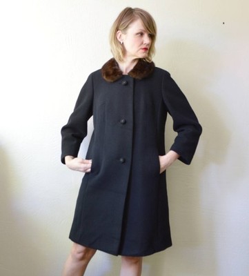 50er 60er Vintage schwarzer Wollmantel mit Pelzkragen - M / L