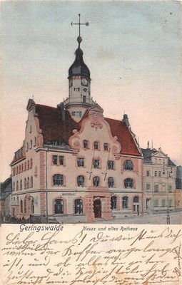 402595) Postcard new and old town hall Geringswalde used 1905
