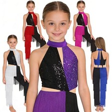 Kids Girls Jumpsuit Shiny Sequin Bodysuit Cutout Back Dancewear Carnival Dance