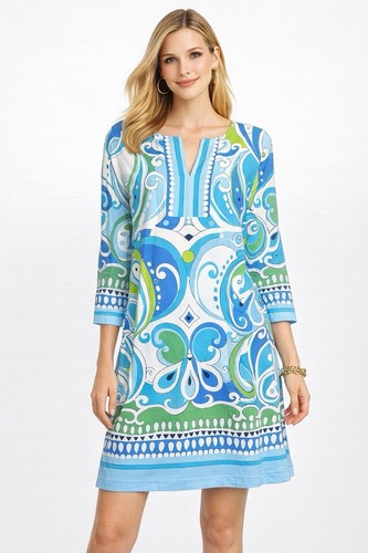 NWT Barbara Gerwit XL Blue Green Paisley Tunic Dress Cotton Lycra 3/4 Sleeve