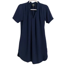 Bobeau Small Petite Navy Blue V Neck Pleated Round Hem Tunic Dress Nautical Boho