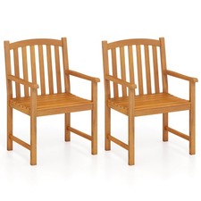 2PCS Outdoor Dining Chairs Acacia Wood Slatted Patio Chairs w/ Inclined Backrest