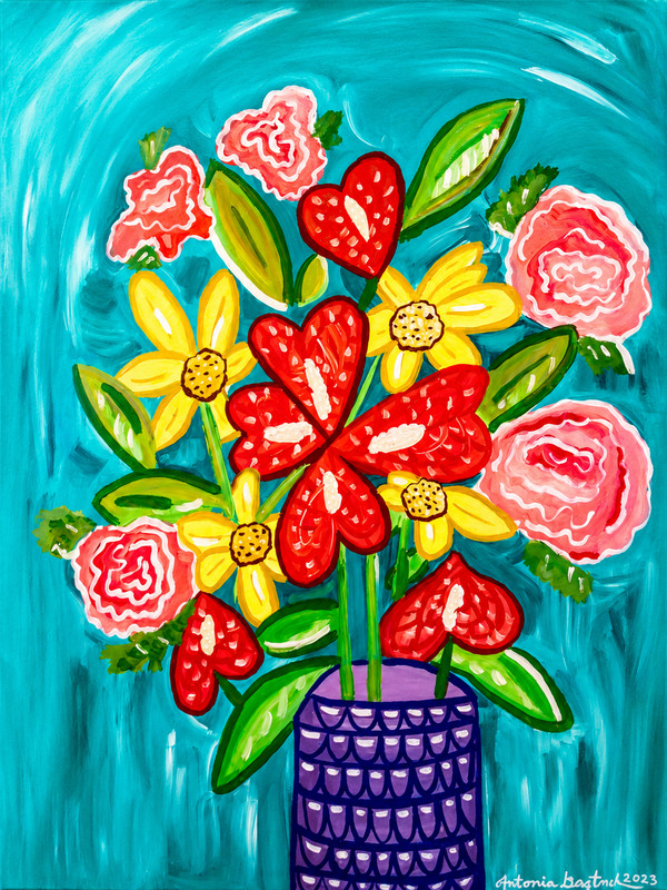 Heart Bloom Bouquet Large Acrylic Painting 30 x 40 Antonia Gerstacker