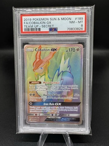 2019 POKEMON SUN & MOON TEAM UP SECRET #189 FULL ART/COBALION GX PSA 8