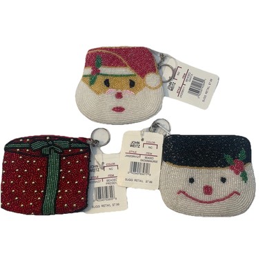 John Weitz Beaded Snowman, Santa, Wrapped Gift Coin Purse, Keychain New B6