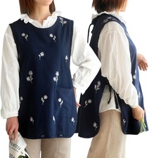 Cotton Cobbler Apron with Pocket for Women, Flower Embroidered Smock