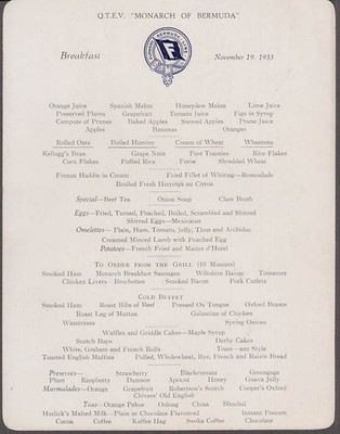 Q T E V Monarch of Bermuda steamship Breakfast Menu Card 11/19/1933
