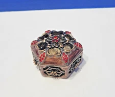 Vintage Hexagon Brown Enamel Trinket Box with Rhinestone Flower