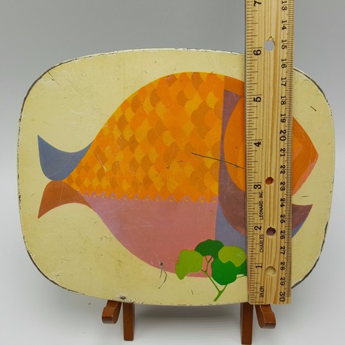 Psychedelic Mod Fish Trivet Tin Litho Cork Set 2 Rainbow Pink Blue Orange - Picture 6 of 9