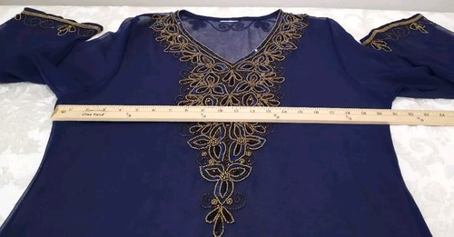 NEW Womens SHEER India Beaded BOHO Tunic Dress Large XL Navy Blue Gold Flare Slv - Picture 14 of 15