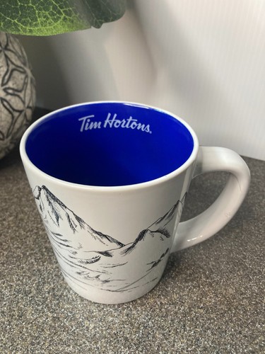 Tim Hortons Mug 2018 14oz Black and White Mountain Scene Blue Skis