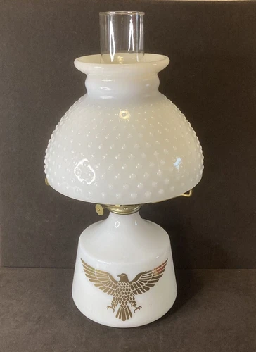 VTG Oil Lamp Milk Glass Gold Eagle Hurricane Kerosene Hobnail White USA