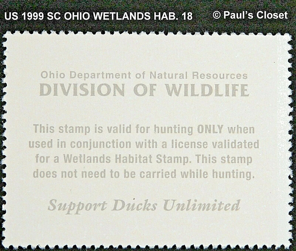 US - OHIO 1999 SC 18 MALLARD WETLANDS HABITAT HUNTING STAMP MNH VF  - Image 2 of 2