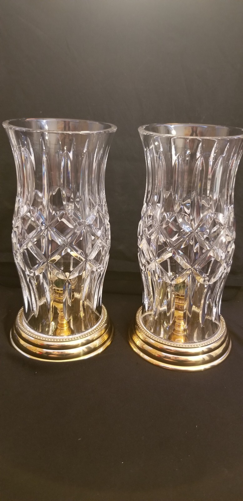 pair of WATERFORD PRESCOTT CRYSTAL HURRICANE CANDLE HOLDER W/ BRASS
