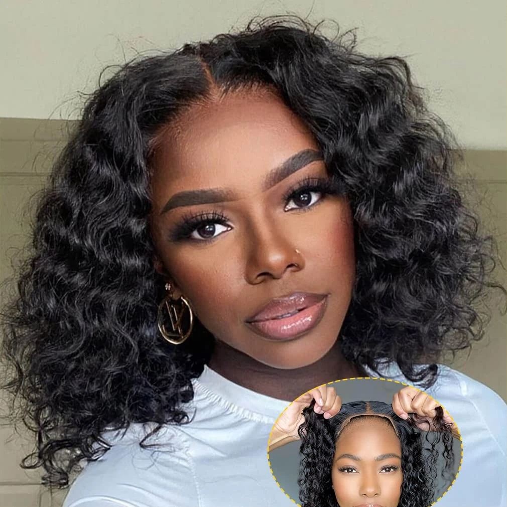 Wear and Go Glueless Wigs Bob Wig Human Hair Pre Plucked Deep Wave Lace  Front Wi