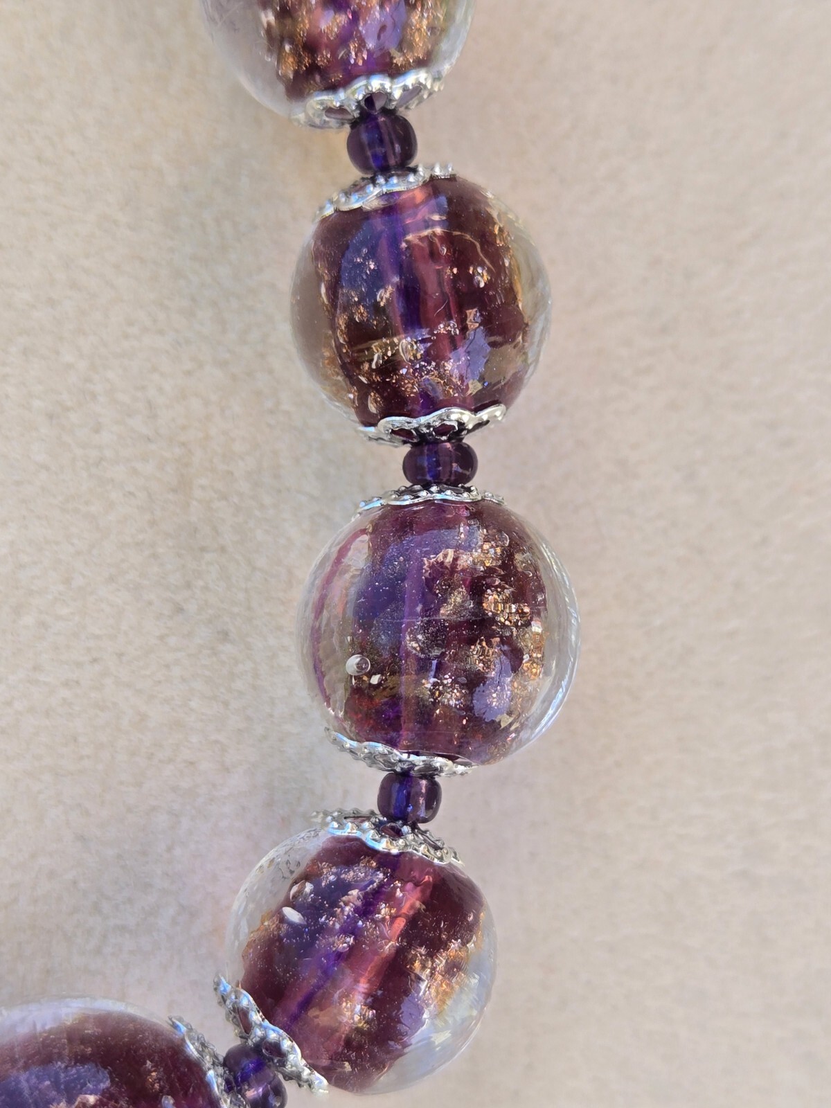 Purple Murano Style & Solid Purple Glass Beaded Necklace, Adj. 20-22 Inches