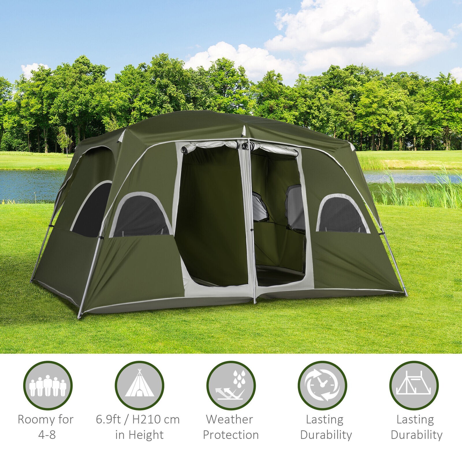 Camping Tent Family Tent 4-8 Person 2 Room Easy Set Up Green