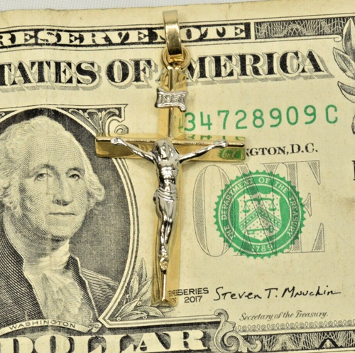 14k Yellow Gold Vintage Cross White image Crucifix Pendant Triangle Bar style - Picture 3 of 8