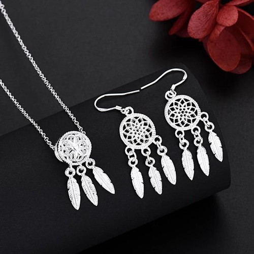 925 Sterling Silver Charm Necklace Earring Jewelry for Women Retro Set Wedding - Picture 24 of 24