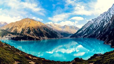 Landscape lake water mountains nature clouds kazakhstan Custom Gaming Mat Desk