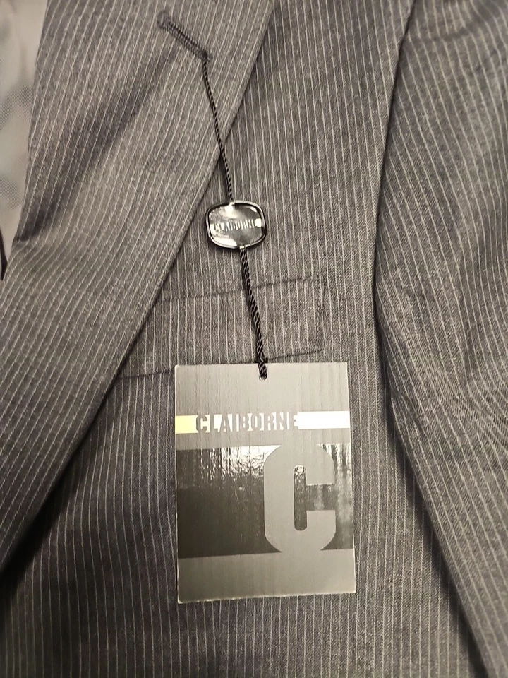 Claiborne Suit  36 Short Gray Jacket Wool Notch Lapel 28 Waist Stripe New - Image 3 of 4