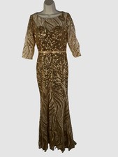 $595 Basix Women's Gold 3/4-Sleeve Swirl Sequin Gown Dress Size 4
