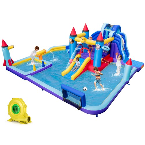 Rocket Theme Inflatable Water Slide Park w/ 1100W Blower 2 Slides Splash Pool