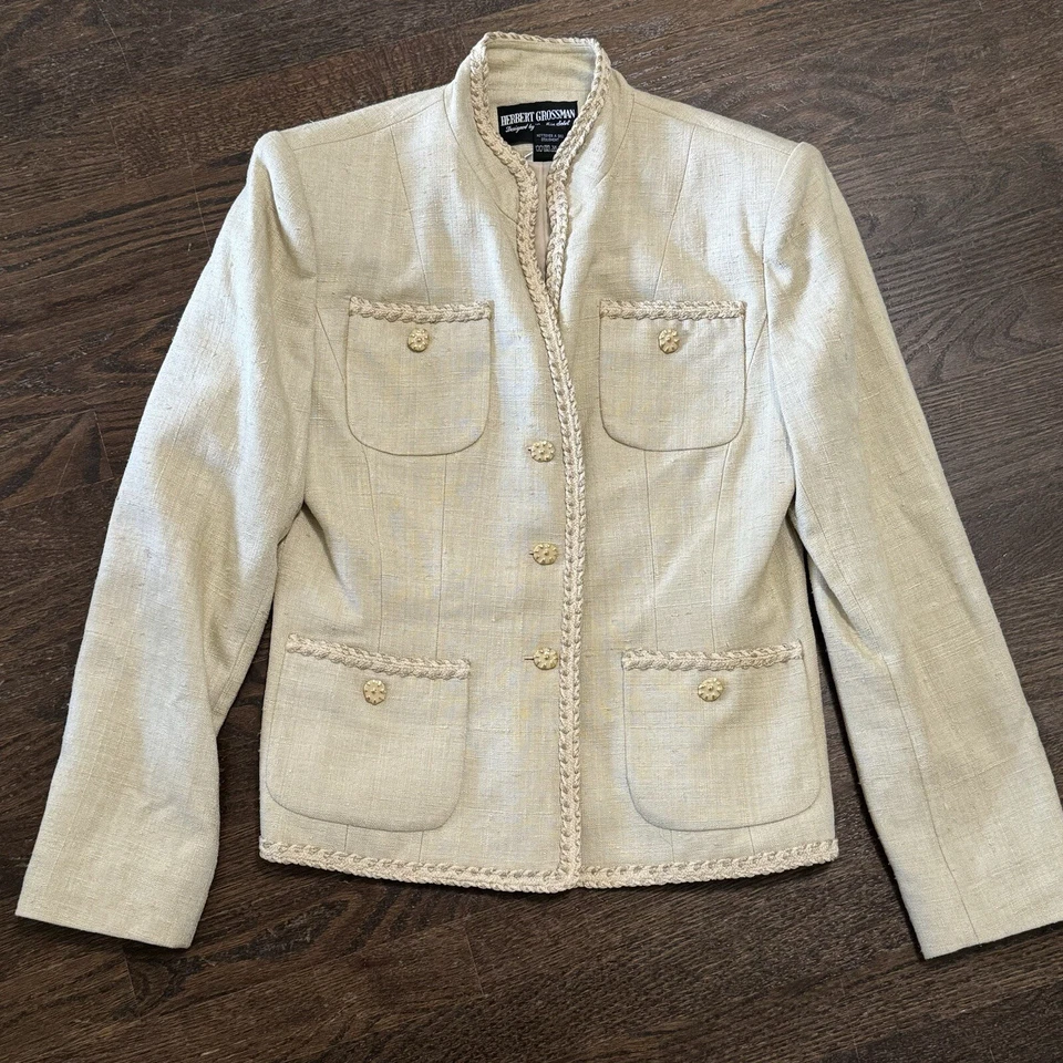 Cream Silk Bouclé Tweed Blazer Womens 8 Vintage Designer Style Cynthia Sobel - Image 2 of 4