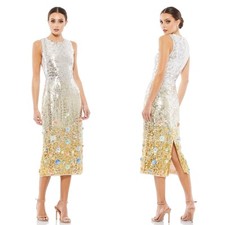 Mac Duggal High Neck Full Sequin Midi Dress/Gown Silver/Gold Applique Size 0