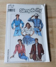 Simplicity Pattern MISSES/MEN'S LOOSE FITTING SHIRT 8178 Size: SM UNCUT  1987