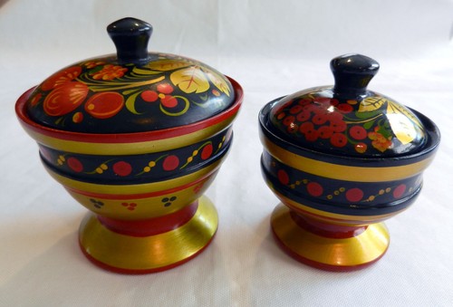 Two (2) Khokhloma Russian Folk Art Lacquered Wooden Hand Painted Bowl with Lid
