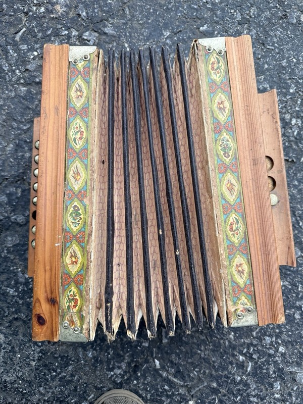 Vintage Wooden Accordion with Decorative Pattern Trim