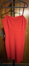Express Red Bodycon Dress L Square Neck Spaghetti Strap Knee Length Slit Zip